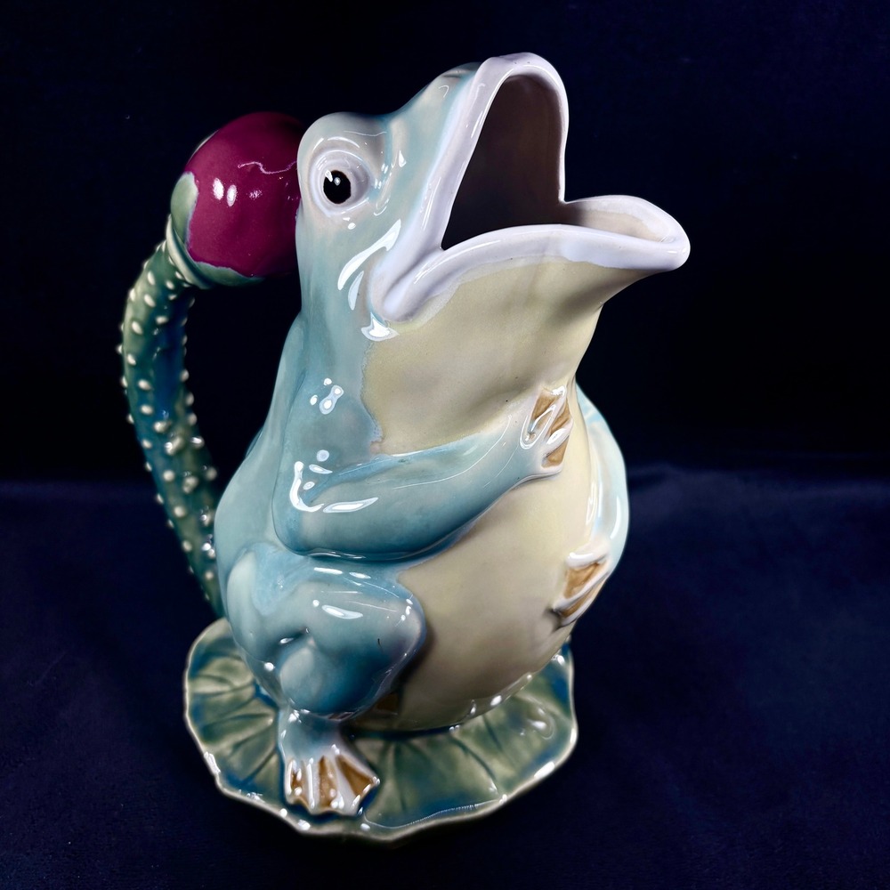 Majolica-Style Frog on Lily Pad Ceramic Pitcher Flower Stem and‎ Blossom Handle